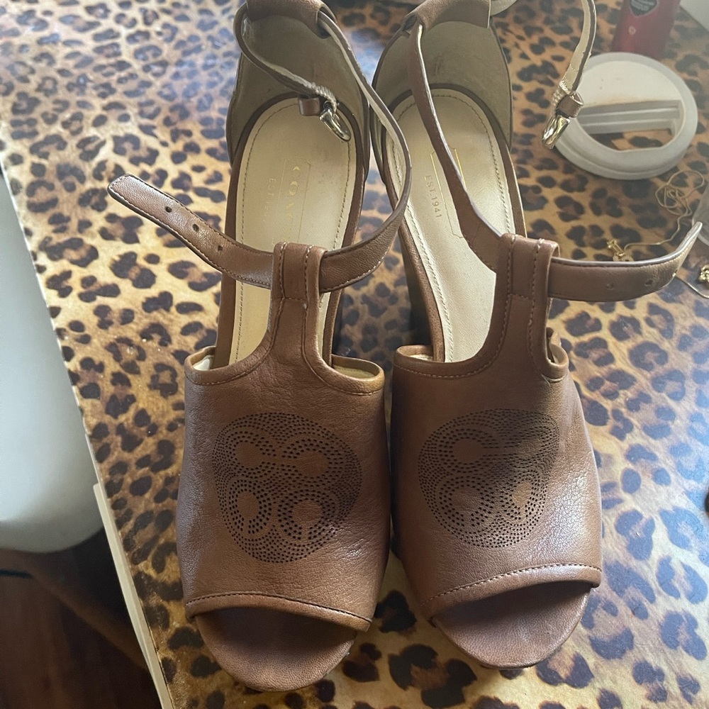 Coach Brown Leather Open-Toe Wedge Slingbacks